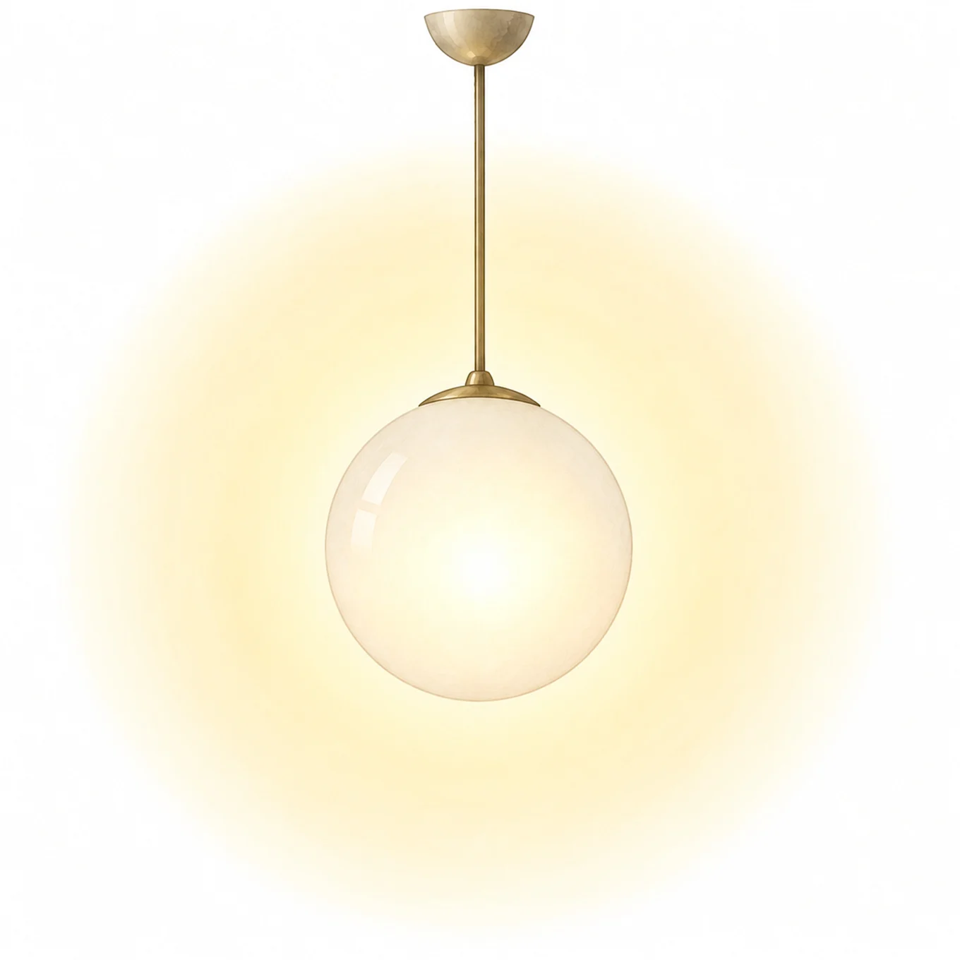 Lámpara colgante moderna con pantalla esférica de vidrio blanco brillante y barra de color latón, emitiendo luz cálida.