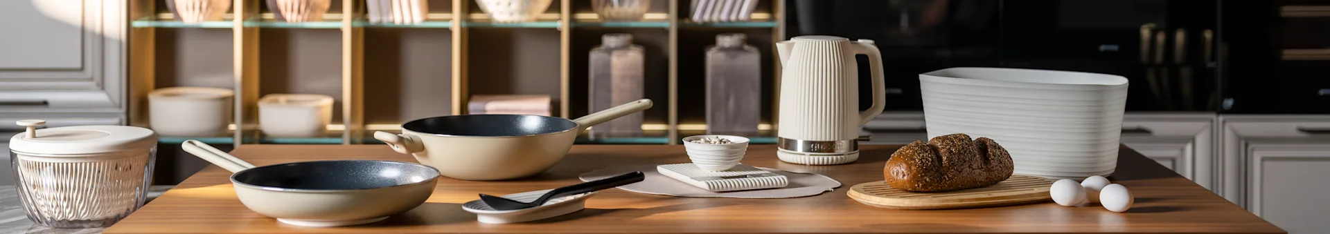 Encimera de cocina con sartenes beige, una tetera blanca estriada, un pan de semillas en una tabla y huevos. Accesorios de cocina modernos.