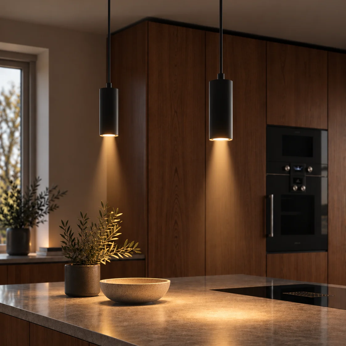 Una lámpara colgante de metal con pantalla en forma de campana proyecta una luz cálida y circular hacia abajo.