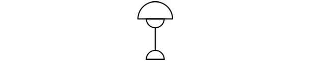 Un dibujo lineal simple de una lámpara de mesa con una pantalla abovedada y una base semicircular.