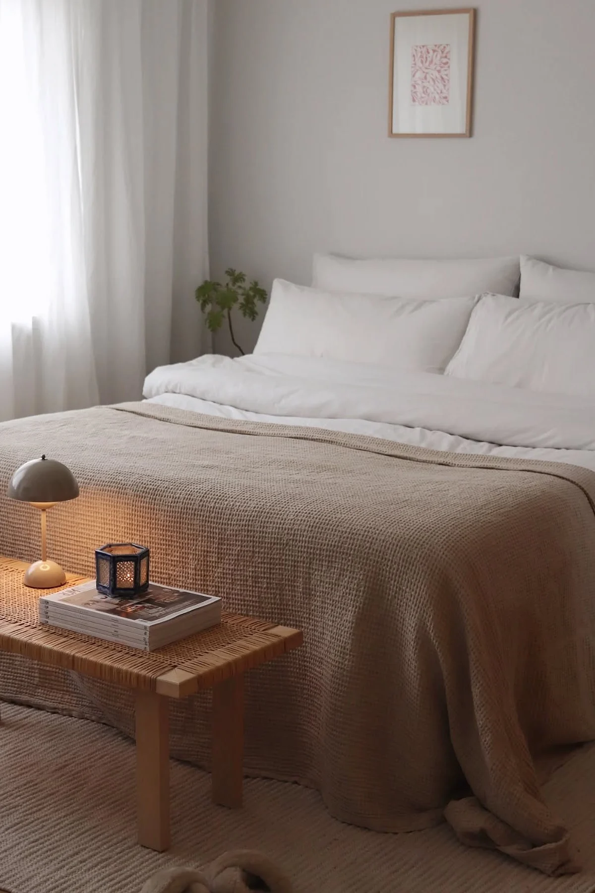 El dormitorio escandinavo de estilo Feng Shui de @hemmahosfalk con la lámpara de mesa Flowerpot sobre un banco frente a la cama.