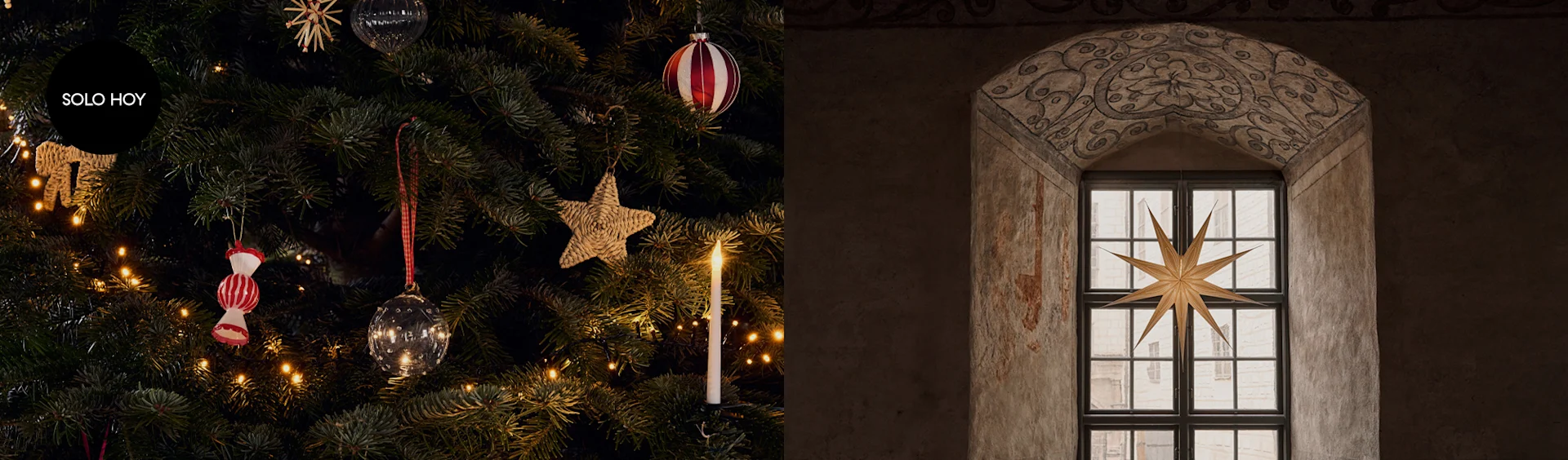 Un árbol de Navidad decorado con luces, adornos rojos y blancos, y una etiqueta "TODAY ONLY", junto a una ventana arqueada antigua con una gran estrella dorada.