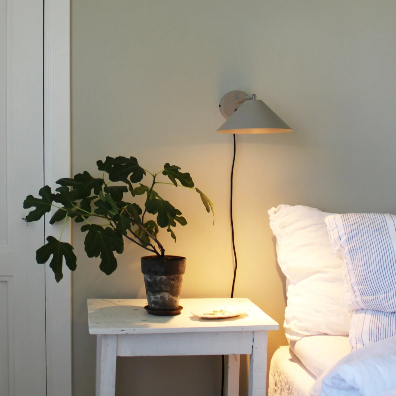 Una planta de higuera en maceta sobre una mesita de noche blanca junto a una cama con ropa de cama blanca, iluminada por una cálida lámpara de pared.