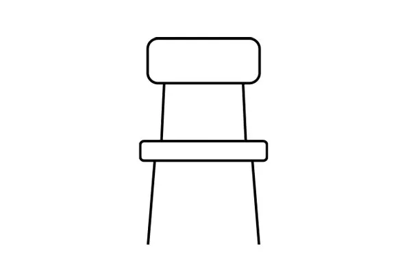 Dibujo lineal de una silla con respaldo y asiento rectangulares, todos con esquinas redondeadas.