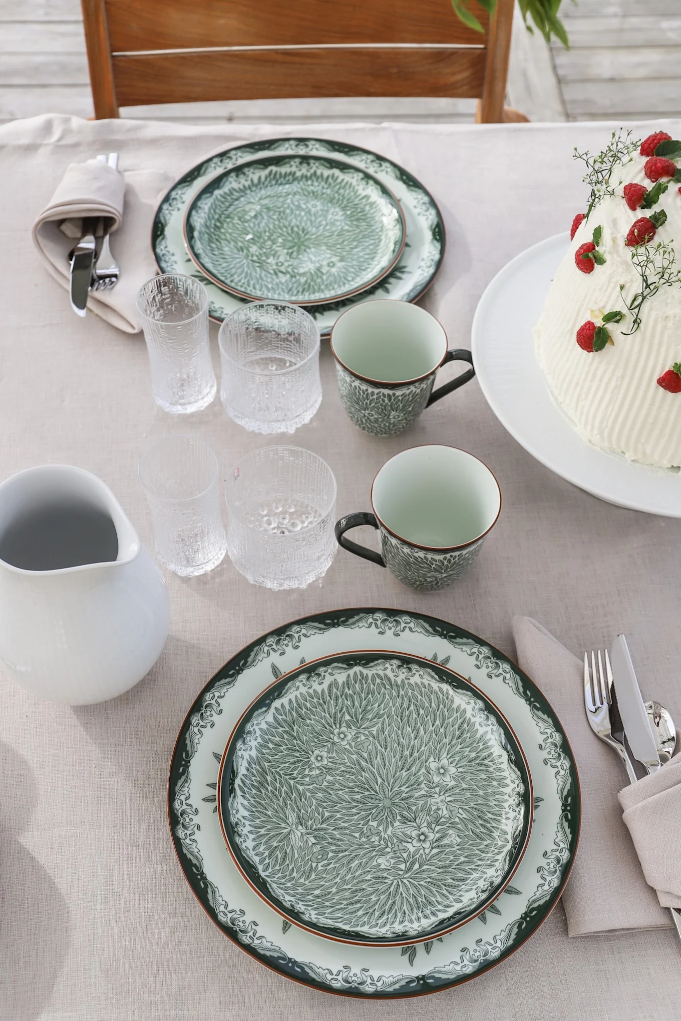 Entre las ideas tradicionales para las fiestas de verano figuran las cenas al aire libre. Aquí puedes ver las series Ostindia verde y Ostindia Floris sobre la mesa con los vasos ultima thule de Iittala.