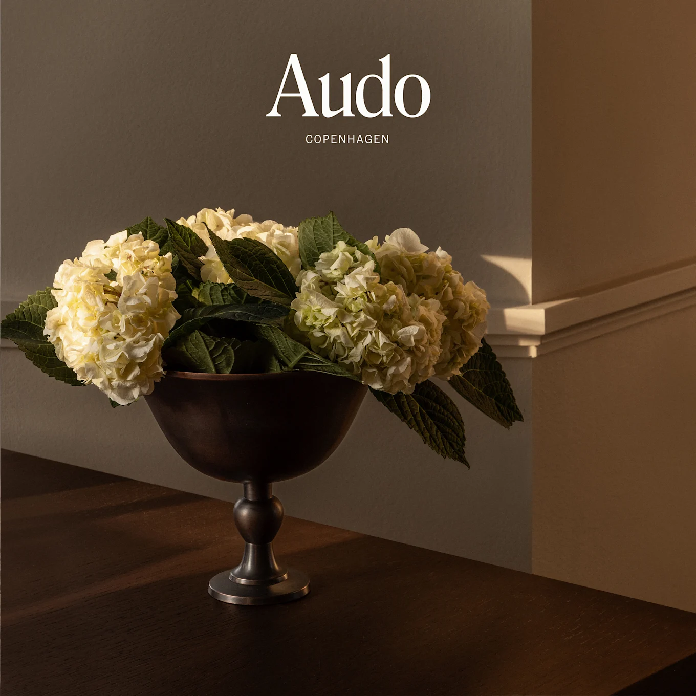Un cuenco de bronce oscuro con hortensias blancas y verdes sobre una mesa de madera, iluminado por luz cálida. Texto: 'Audo Copenhagen'.