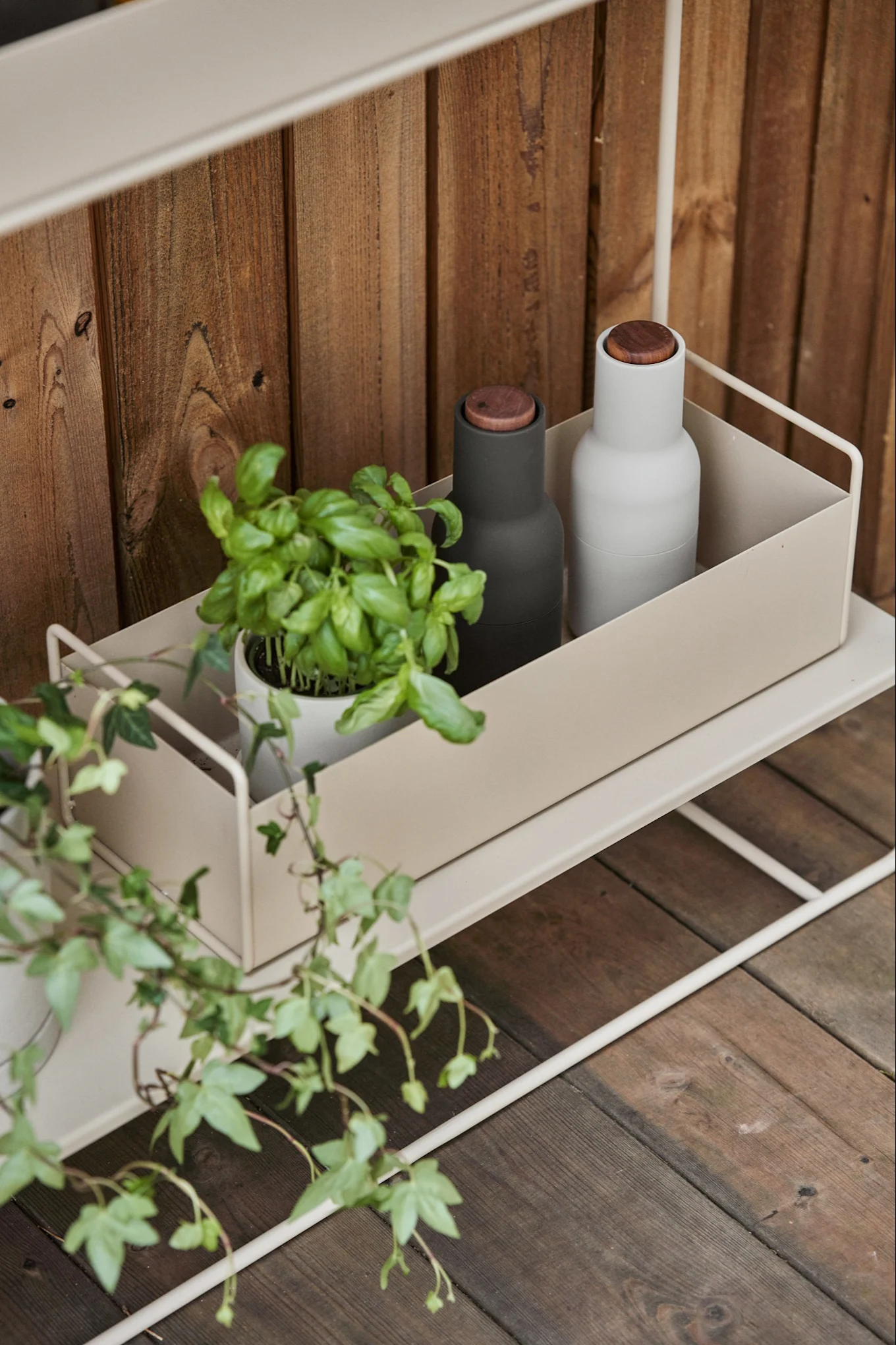 Una planta de albahaca y dos botellas minimalistas (gris oscuro y gris claro) con tapas de madera sobre una estantería metálica beige claro, junto a una pared de madera.
