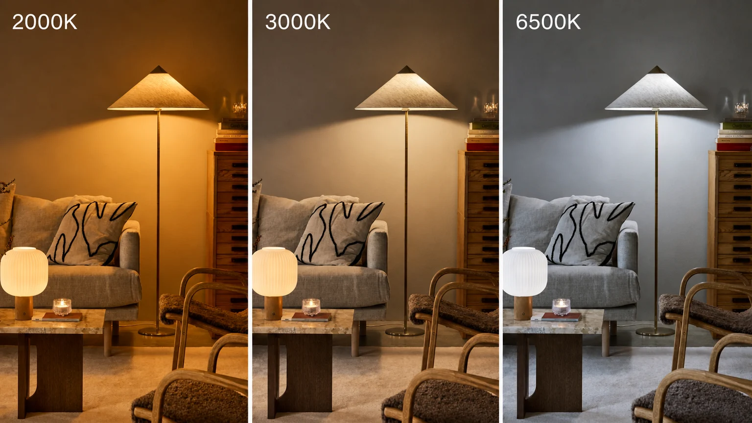 Elegir la bombilla adecuada - Ilustración de la escala Kelvin con temperaturas de 2200K - 5000K. 