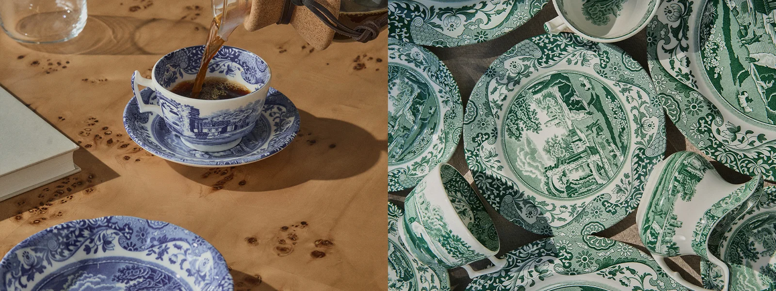 Café vertido en una taza de té azul y blanca con dibujos, junto a platos y tazas verdes y blancas con dibujos.