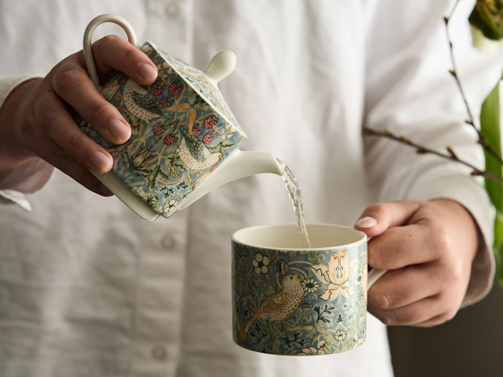 Manos con camisa blanca sirviendo de una tetera cuadrada estampada a una taza a juego con diseño de pájaros y flores.