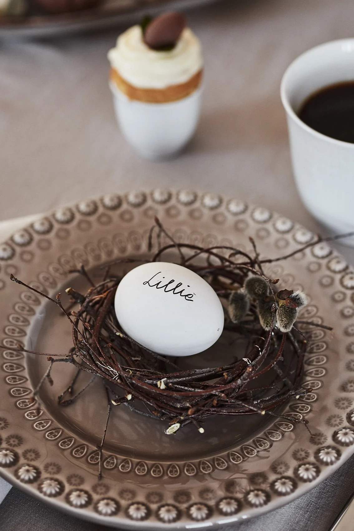 Una manualidad de Pascua sencilla consiste en crear un nido con ramitas de abedul y colocarlo sobre el plato con un huevo dentro.