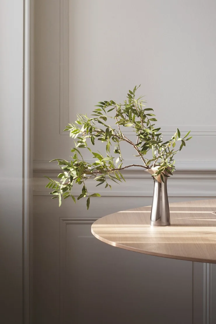 Jarrón plateado con ramas verdes frondosas sobre una mesa de madera clara, la luz del sol proyecta sombras sobre la mesa y la pared con molduras.