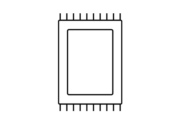 Contorno de una alfombra rectangular con flecos en la parte superior e inferior.