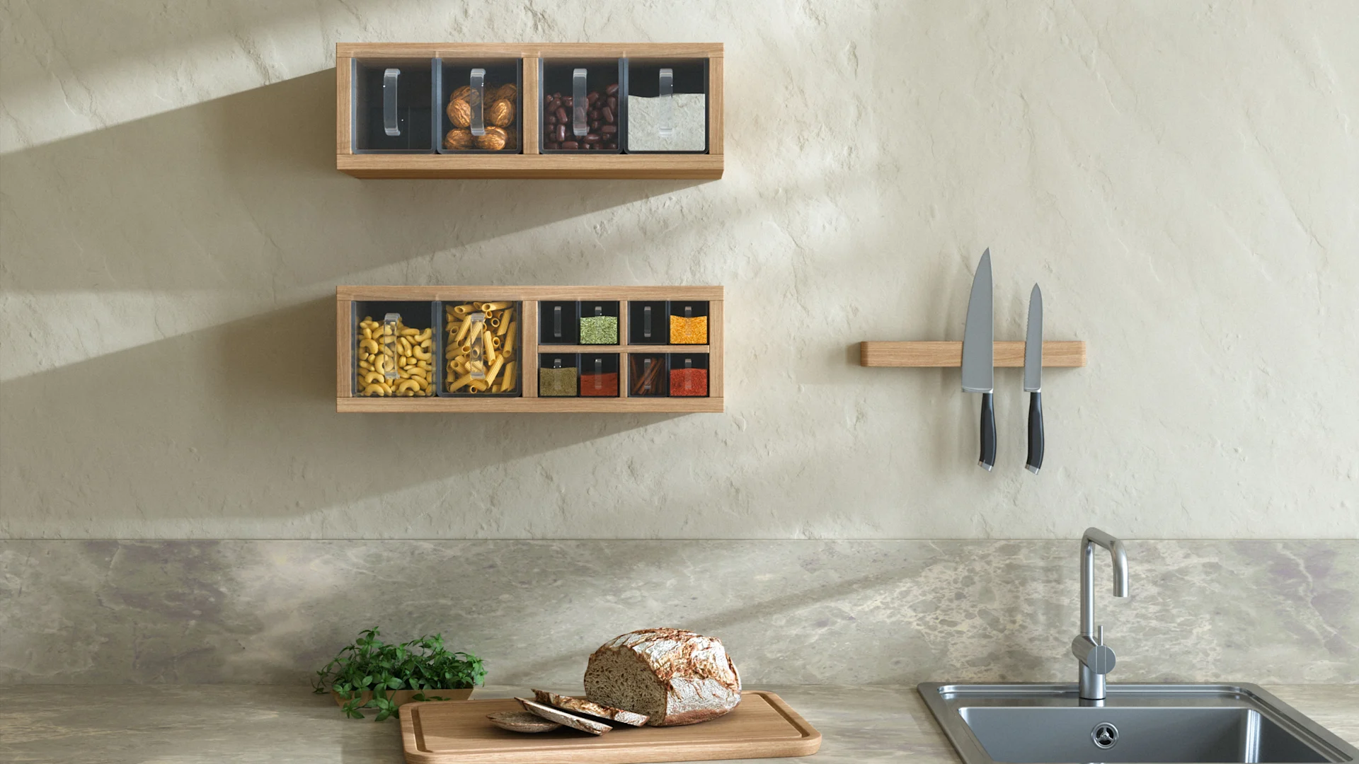 Una cocina moderna con estantes de madera para alimentos secos, un fregadero de metal y un pan rústico en una tabla de cortar.