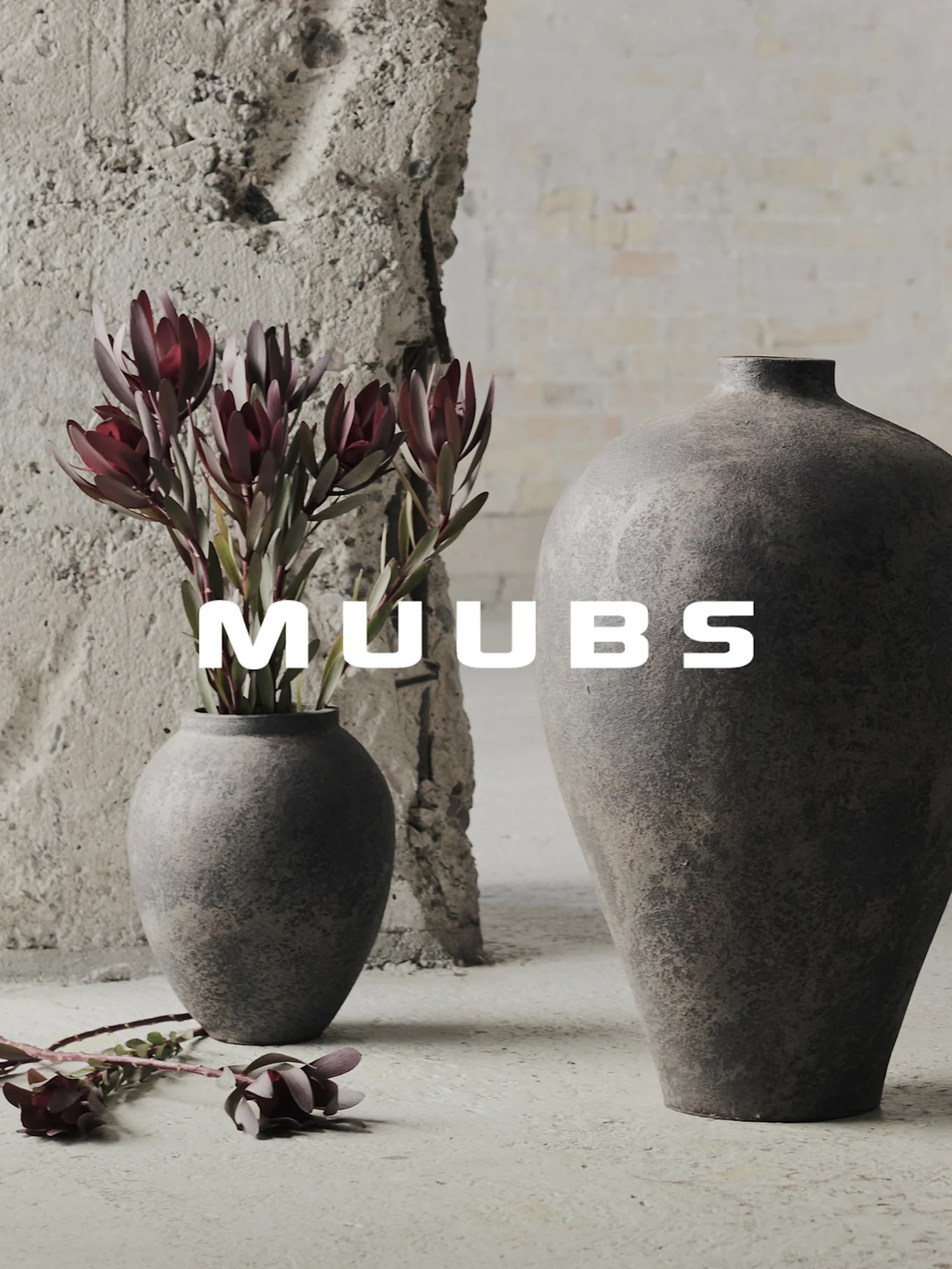 Jarrones de cerámica oscura texturizada, uno con flores rojas, sobre fondo de hormigón. Logotipo Muubs.