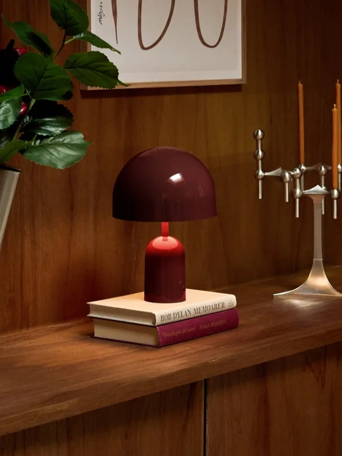 Estante de madera con jarrón estriado plateado y flores rojas oscuras, lámpara burdeos encendida sobre libros y candelabro plateado.