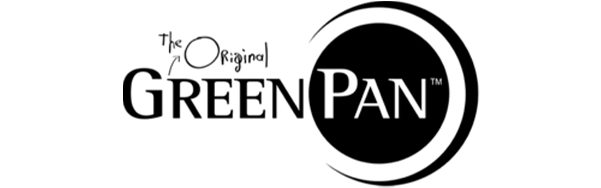 Logotipo de GreenPan con 'The Original' en estilo manuscrito sobre 'GreenPan', parcialmente en un círculo negro.