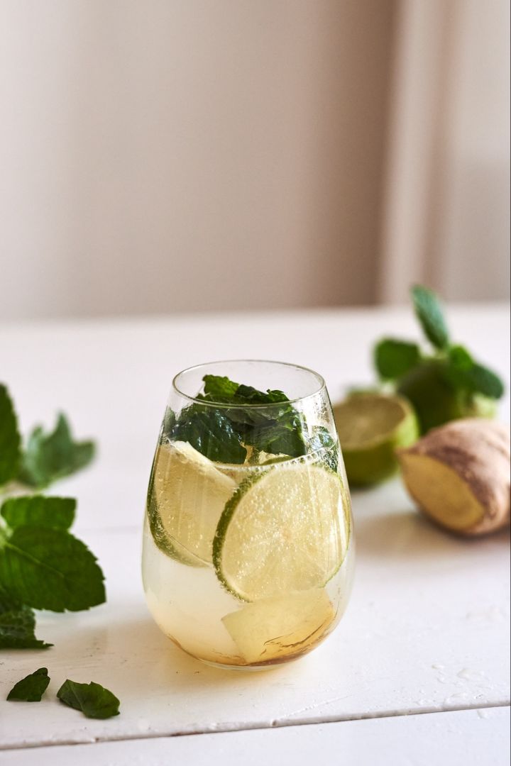 Para una bebida de verano sencilla y refrescante, prueba el jengibre y el sirope, adornado con menta y servido en un vaso de Scandi Living.